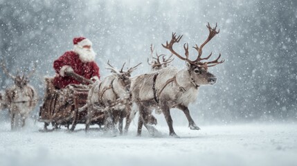 In a magical winter scene, Santa Claus is joyfully navigating a snowy forest. His sleigh is pulled by a team of reindeer, all covered in fresh snow, while snowflakes gently fall around them