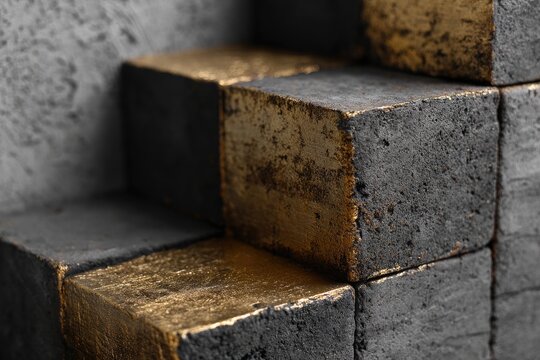 Abstract geometric pattern of stacked, gray and gold cubes