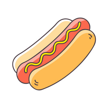 Cartoon style illustration of a delicious hot dog with mustard drizzle