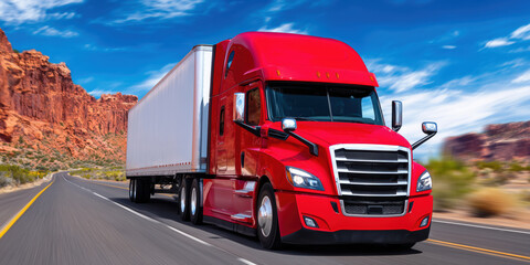 Red american truck delivering goods across scenic desert highway