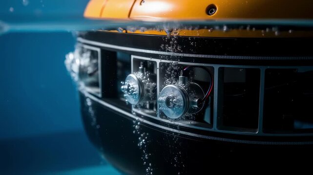 Highresolution image highlighting the waterproof sealing and pressure sensors attached to an AUV during submersion in a test tank.