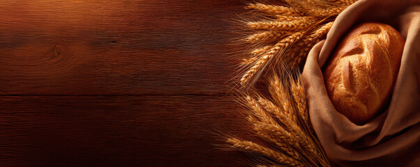 Freshly baked loaf of bread with wheat on rustic wooden table
