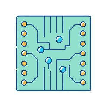 Cartoon Style Microchip Illustration with Blue Traces and Gold Solder Points