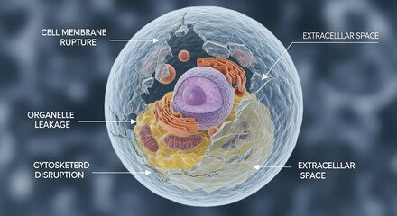 Scientific visualization of cellular lysis, a detailed 3D illustration of a dying cell showing organelle damage and membrane rupture