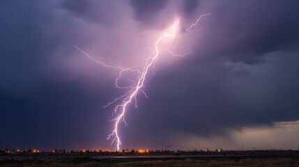 A dramatic lightning bolt cuts through dark clouds, illuminating the night sky above a distant city. The scene captures the raw energy of a thunderstorm as rain begins to fall