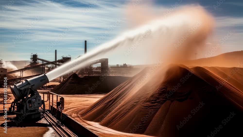 Poster dustsuppression system in action with cannon releasing continuous fine mist against dusty wind blowi