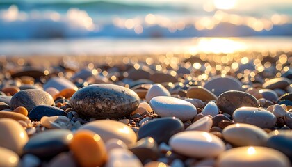 Close-up view of smooth, colorful stones on a beach at sunrise, showcasing a variety of shades and textures in the morning light.