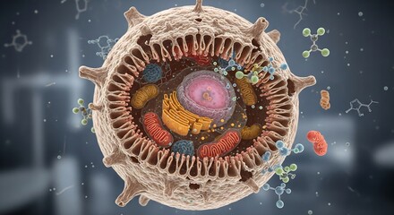 A comprehensive digital rendering of a human cell cross-section, illustrating its organelles and biological functions in detail