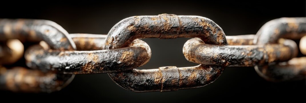 Rusty metal chain links suspended in dark background showcasing texture and wear