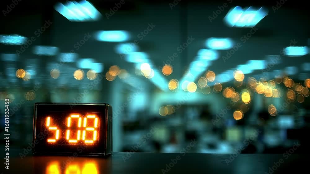 Poster medium shot of a digital timer counting down in the control room fire drill coordinator checking dat