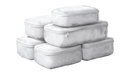 Stack of light gray/white zippered storage containers