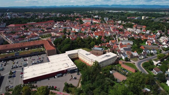 Aerial view around the old town of the city Germersheim in Germany on a sunny spring noon