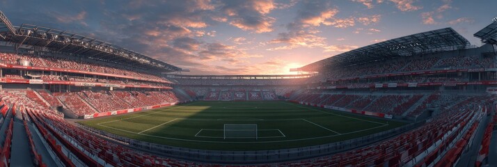 Breathtaking sunset over an empty soccer stadium filled with anticipation before the evening match commences
