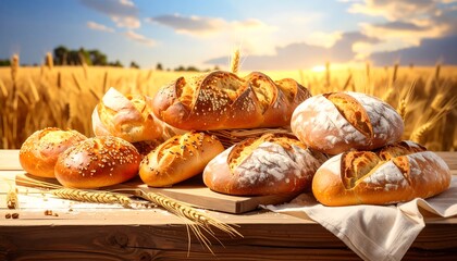 Freshly baked loaves of bread displayed on a wooden table, against a backdrop of a golden wheat field at sunset, exuding a rustic and inviting atmosphere.