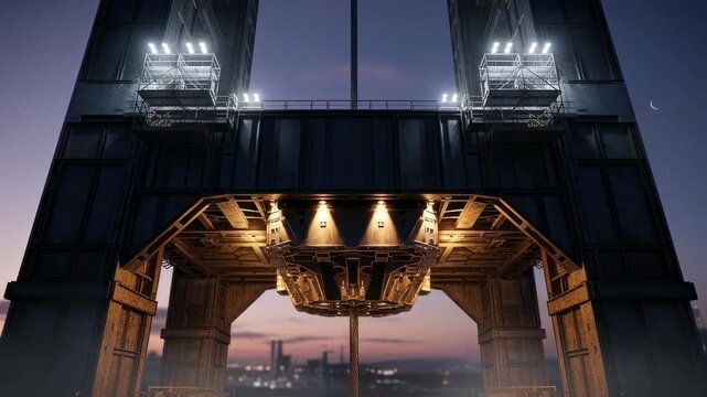 Evening shot of a space elevator tether attachment concept rig illuminated by ambient engineering lights emphasizing structural shadows and metallic textures.