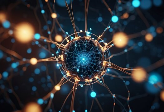 A glowing digital neuron network with a central energy core, radiating connections, in a high-tech sci-fi style, dark background with vibrant blue and orange synaptic lights.