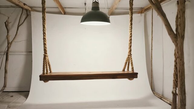 A cozy bench with swinging ropes hanging from a tree-trunk piece, suitable for indoor or outdoor settings as a rustic seating option.