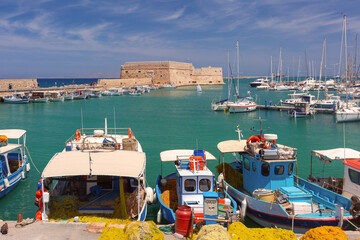 View of Heraklion Venetian Harbor with boats in Heraklion Greece