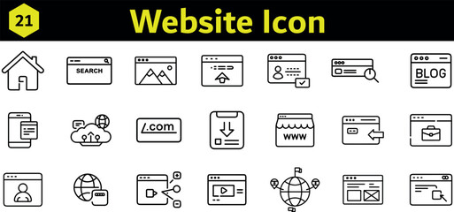 Collection of website and internet related icons, including home, blog, cloud, search, and user profile, isolated on transparent background