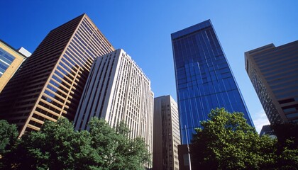 Obraz premium The image shows four tall buildings of varying architectural styles and colors, with green trees in the foreground.