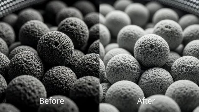 Macro shot of porous sorbent granules before and after regeneration in a directair carbon capture module emphasizing texture changes.