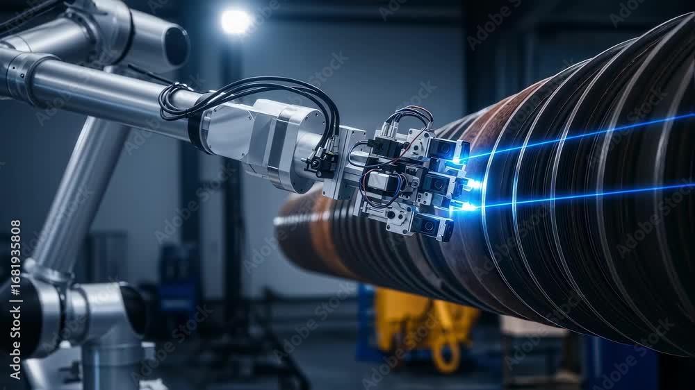 Poster geothermal drill string threads being checked by a robotic arm equipped with sensors for precision m