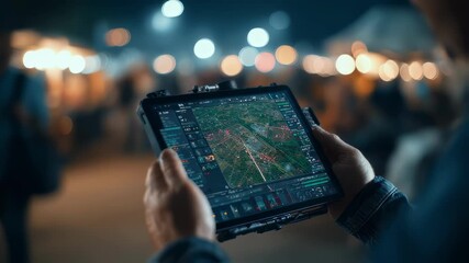 Medium shot of a drone operator tracking flight path maps on a tablet screen emphasizing navigation and safety protocols amid a blurred live event setting.