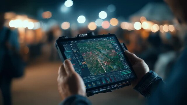 Medium shot of a drone operator tracking flight path maps on a tablet screen emphasizing navigation and safety protocols amid a blurred live event setting.