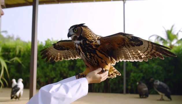 Person holding an owl with outstretched wings