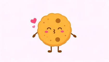 A cute, cartoon cookie character, colored gold, is playfully blowing kisses, set against a plain, light background.
