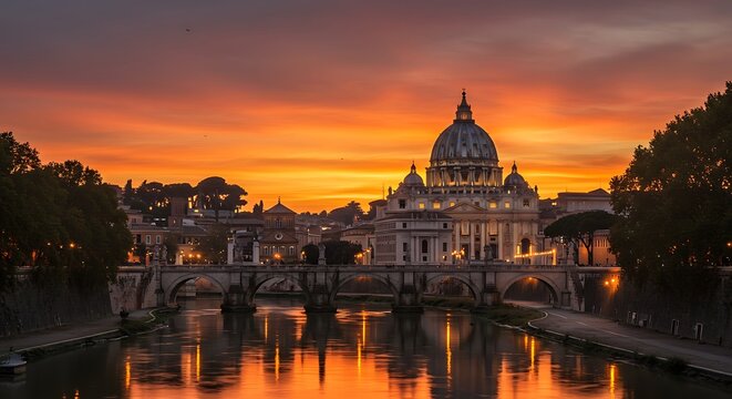 St Peters Basilica at Sunset Reflected in Tiber River. - Powered by Adobe