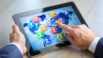 Person using a tablet displaying a world map with social network profile icons overlaid on the map