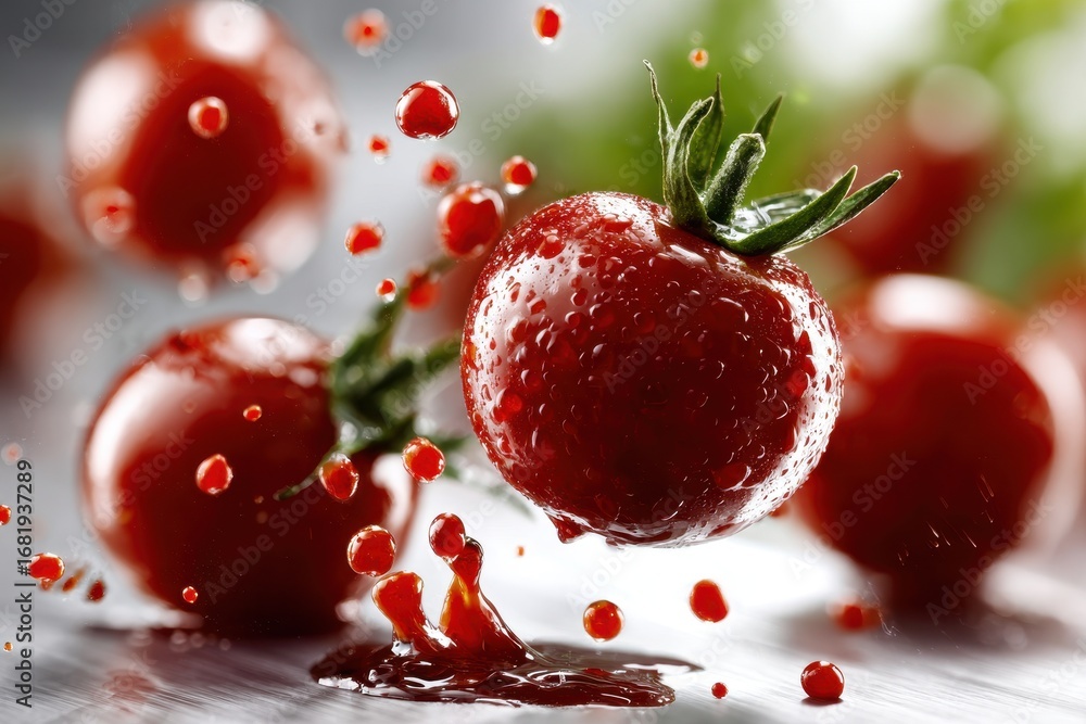 Poster fresh red tomatoes with refreshing water droplets and dynamic splash.