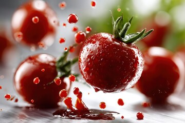 Fresh red tomatoes with refreshing water droplets and dynamic splash.