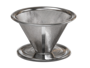 Stainless steel cone-shaped coffee filter.  Durable,  mesh-style strainer.  Base for stable placement