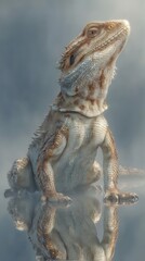 Obraz premium Detailed portrait of a bearded dragon on a reflective surface under soft lighting