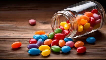 colorful jelly beans spilling out from a glass jar on a wooden table tabletop