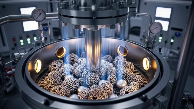 Highresolution image of catalysts inside carbonneutral ammonia synthesis reactor skid illustrating clean chemical reactions with low environmental impact.