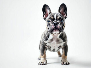 French bulldog puppy standing with an upright pose on a white isolated background
