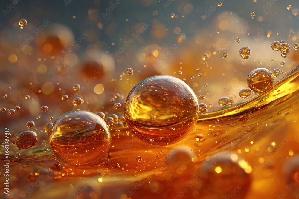 Poster abstract macro view of golden liquid bubbles creating a dynamic glossy surface.