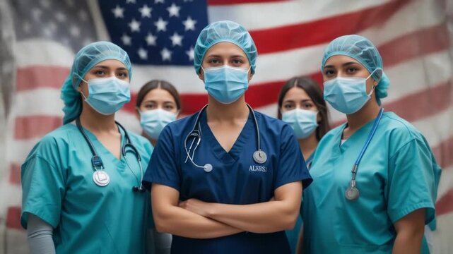Health care workers in masks stand in front of the American flag. 4k videos