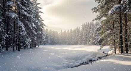 Naklejka premium Serene winter landscape with snow covered trees and light snowfall creating a magical atmosphere in the forest