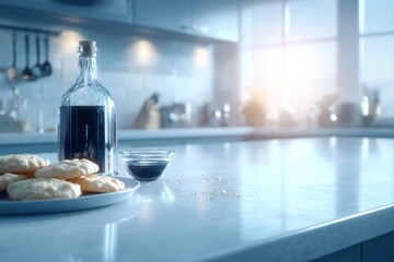 Obraz premium Bottle of dark liquid, cookies, and a bowl on a modern kitchen counter with sunlight.