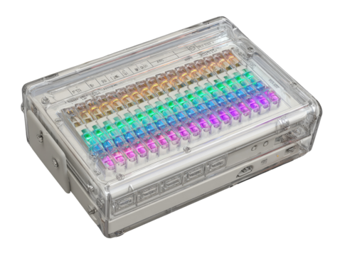 Transparent box with colorful LEDs. Compact, rectangular device enclosed in clear plastic casing. Multi-colored LEDs arranged in rows. Light emitting diodes. Electronic components visible inside