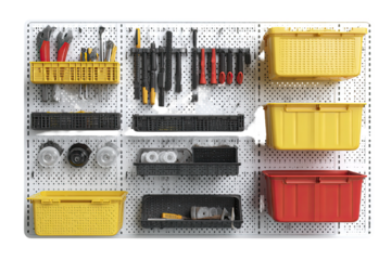 White pegboard wall organized with various tools and storage bins