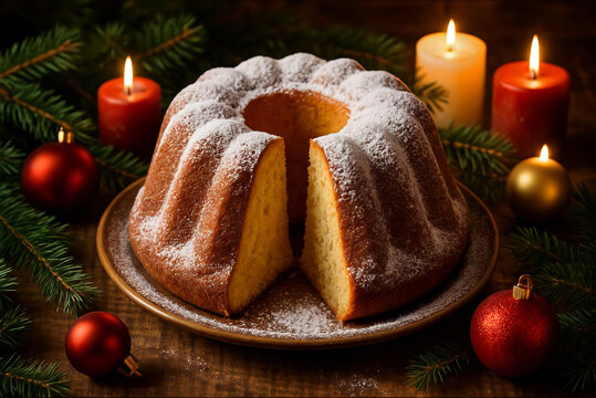 Traditional Central European bundt cake (kugl&oacute;f) served on a festive holiday table with seasonal decorations