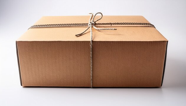 closed cardboard box tied with string on white background ready for shipping