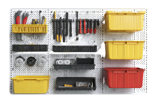 White pegboard wall organized with various tools and storage bins