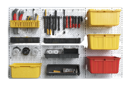 White pegboard wall organized with various tools and storage bins