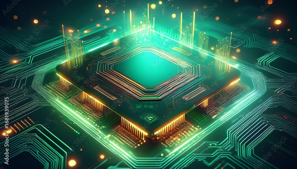 Poster a computer chip is lit up with a green glow the chip is surrounded by a lot of lights and it looks l